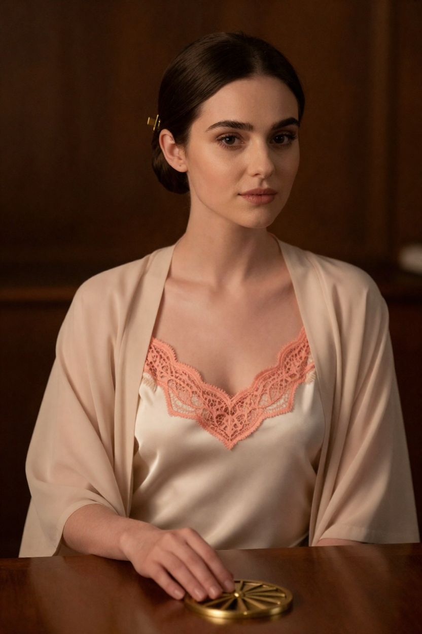 Fictional 29-year-old woman, dark chestnut hair in a smooth low chignon held with a plain brass